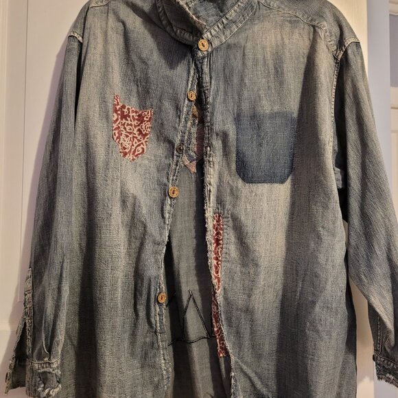 Magnolia Pearl Rare Bob Dylan Embroidered Distressed Button Down Denim Shirt - Picture 6 of 6